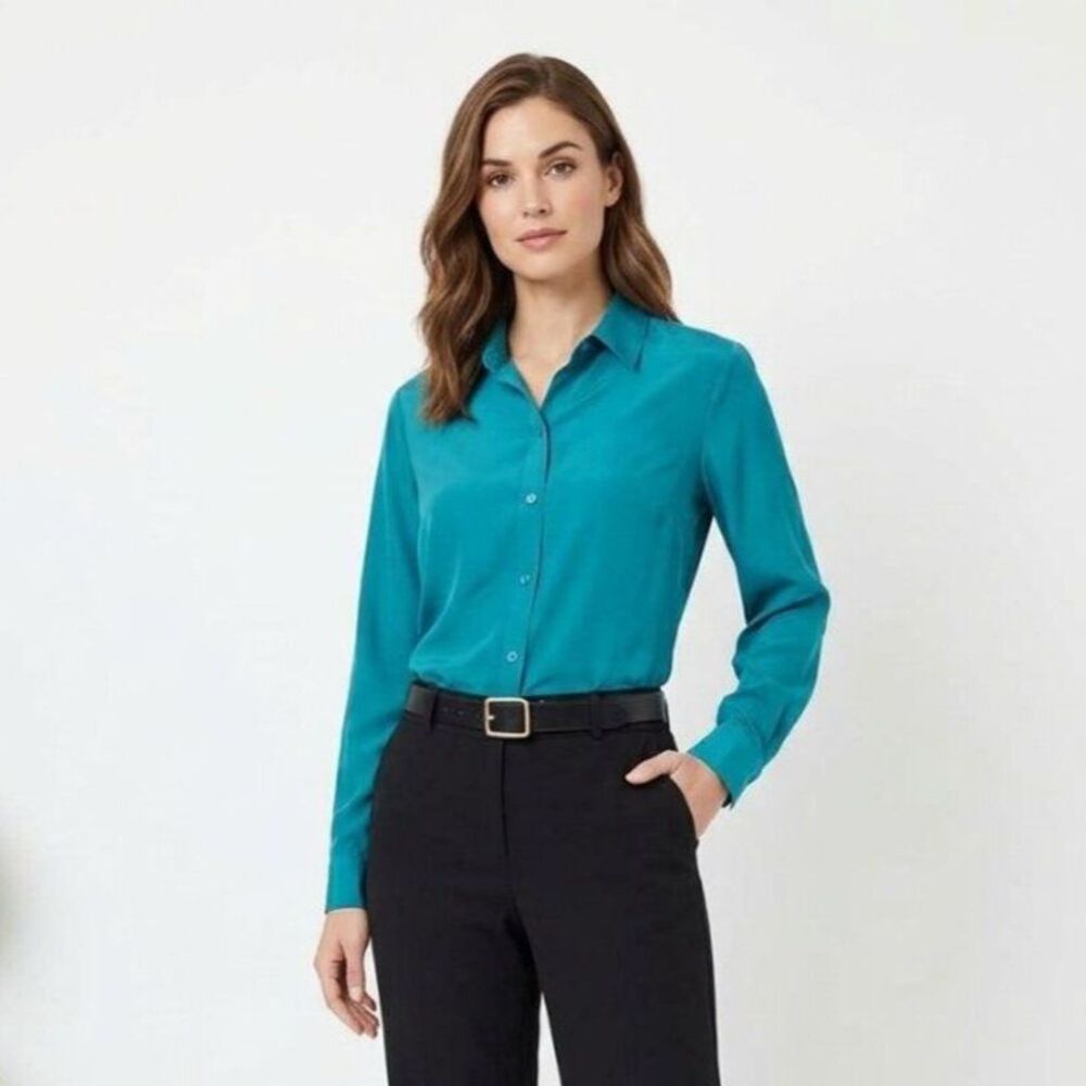 Jones New York Collection Teal Blue Long Sleeve Button Up Top Blouse 12